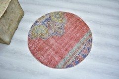 Vintage Handmade Red Door Mat, 3.1 ft Round Entry Mat, Red Turkish Round Rug,