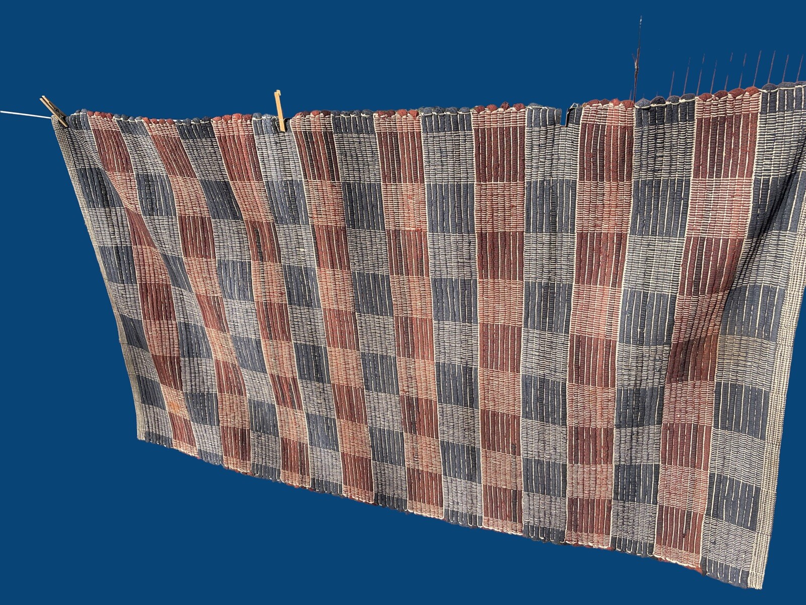 Antique American Wool Hand Woven Area Rug 63” x 37" Rust & Blue Criss Cross Loom gallery