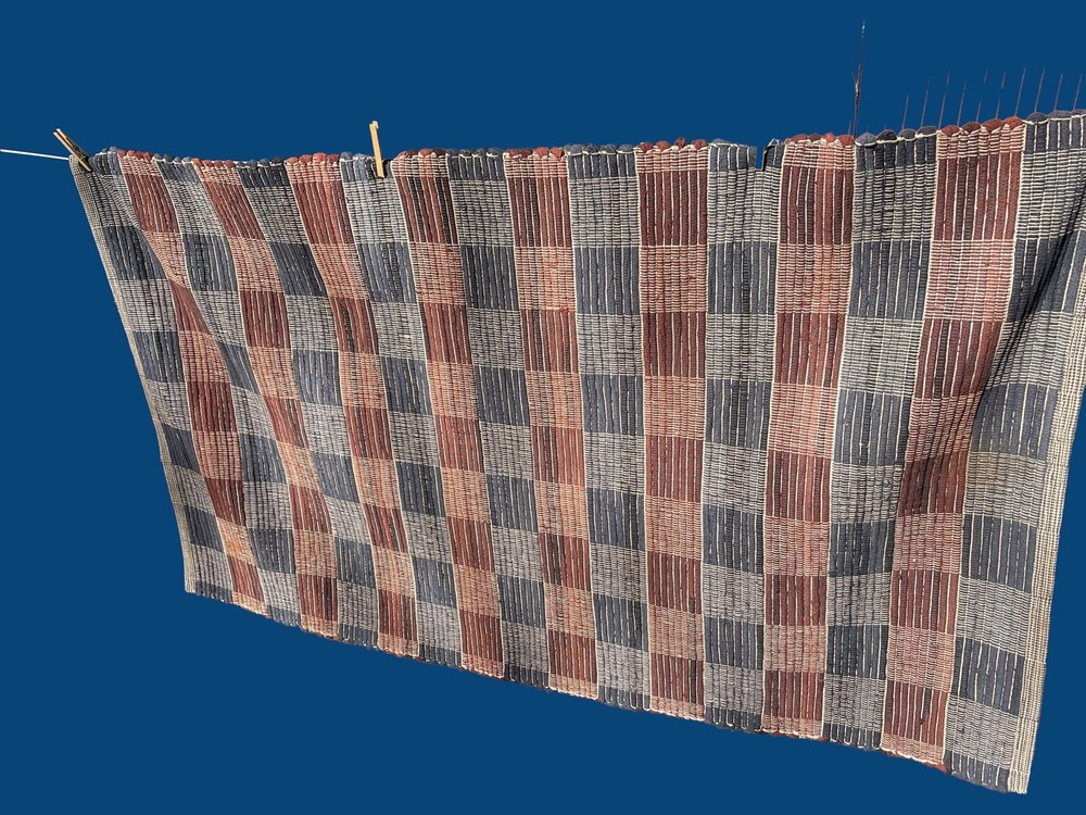 Antique American Wool Hand Woven Area Rug 63” x 37" Rust & Blue Criss Cross Loom