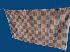 Antique American Wool Hand Woven Area Rug 63” x 37″ Rust & Blue Criss Cross Loom