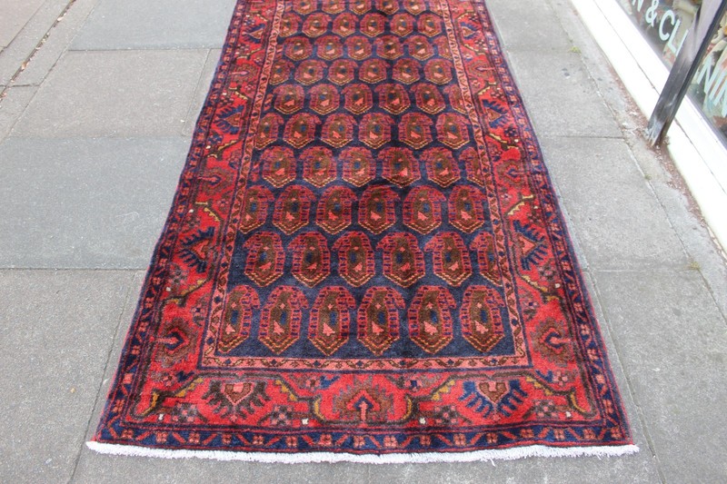 Vintage Hand Made Traditional Oriental Wool Blue Red Long Runner 403x113cm gallery