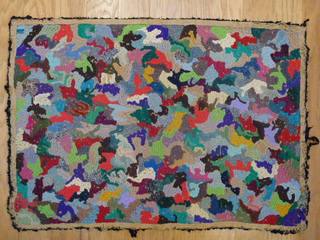 ANTIQUE PRIMITIVE FOLK ART Hand Hooked Rug on Burlap FARM HOUSE or CABIN gallery