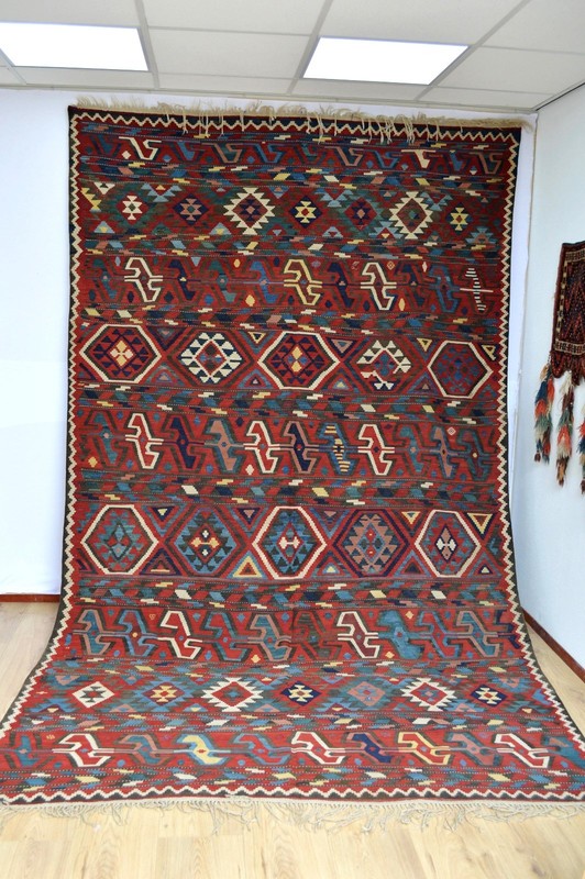 GORGEOUS LARGE ANTIQUE CAUCASIAN SHIRVAN AREA KILIM Circa 1890's kazak gallery