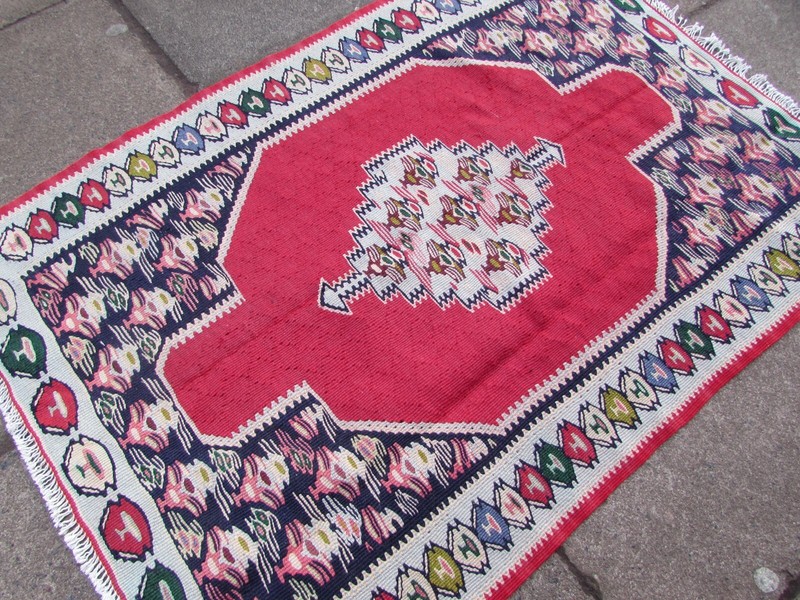 Fine Vintage Traditional Hand Made Oriental Wool Blue Red Small Kilim 104x74cm gallery