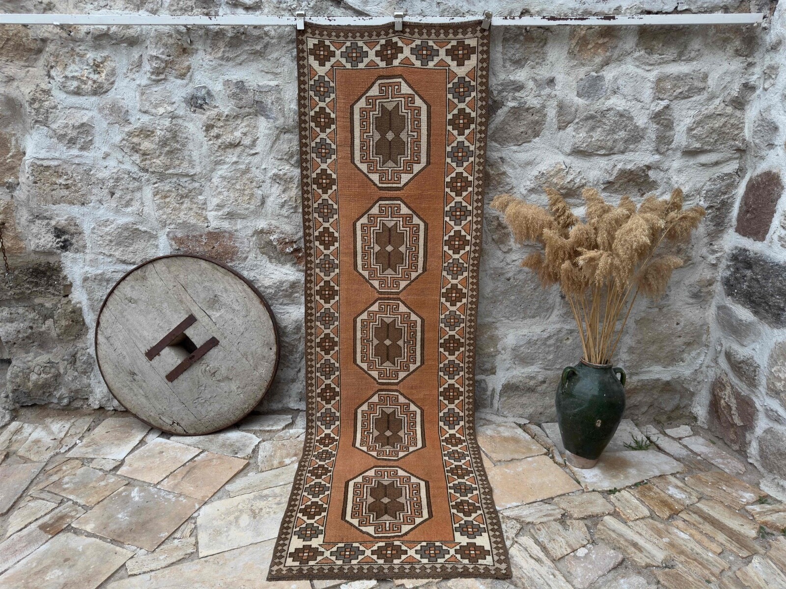 Hand-Knotted Turkish Area Runner 3x10 Pale Orange Wool Geometric Hallway Carpet gallery