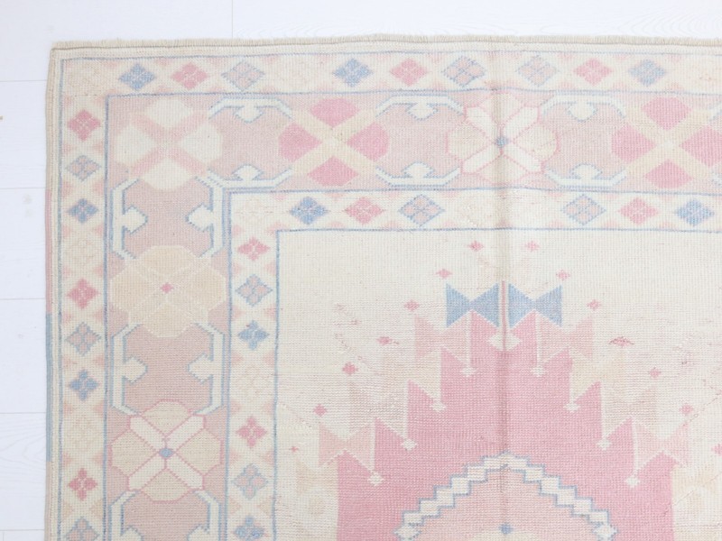 Ivory Pink Blue Handmade Wool Rug 5x6.6 ft Vintage Turkish Oushak Modern Carpet gallery
