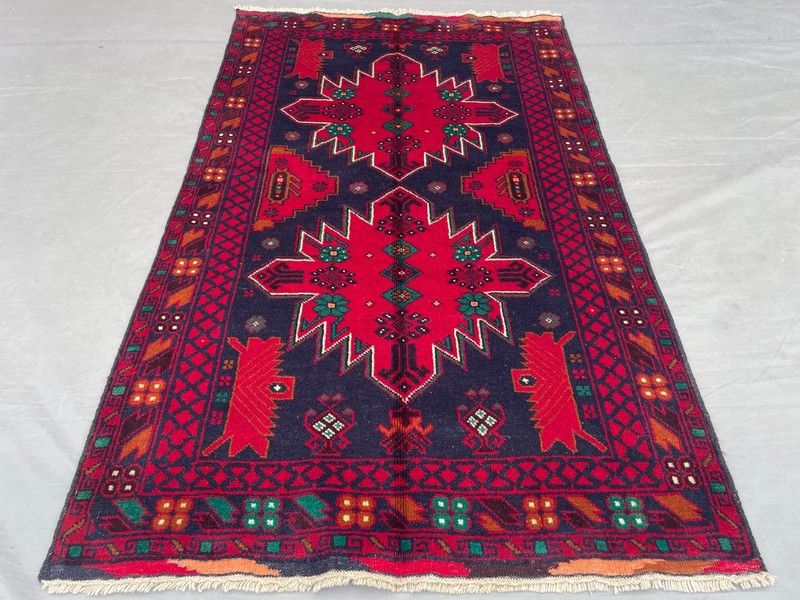 3'1x4'11 ft Vintage Afghan Baluchi Hand Knotted Wool Red Navy Star Medallion Rug gallery