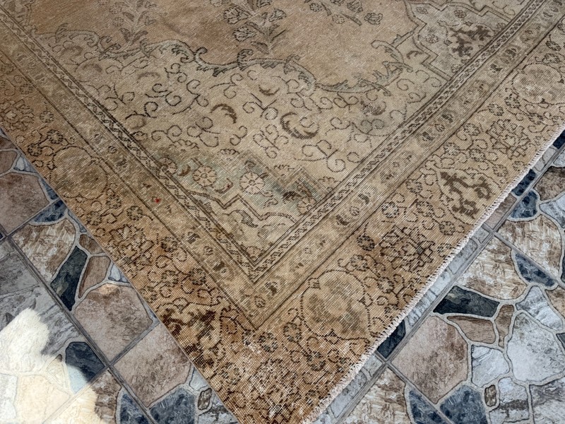 1970s Vintage Turkish Distressed Large Area Rug 8x11 ft Beige Hand-Knotted Wool gallery