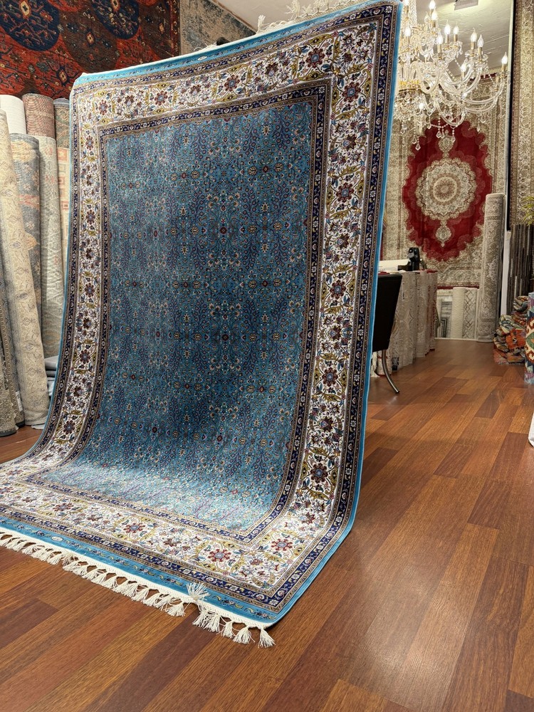 Turkish Silk Rug 7x10 ft Blue Oriental Floral 100% Silk Handmade Fringe