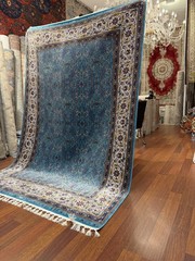 Turkish Silk Rug 7×10 ft Blue Oriental Floral 100% Silk Handmade Fringe