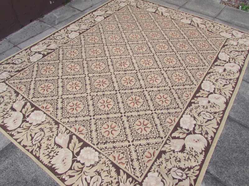 Vintage Hand Made French Design Wool Beige Black Original Aubusson 300X243cm gallery