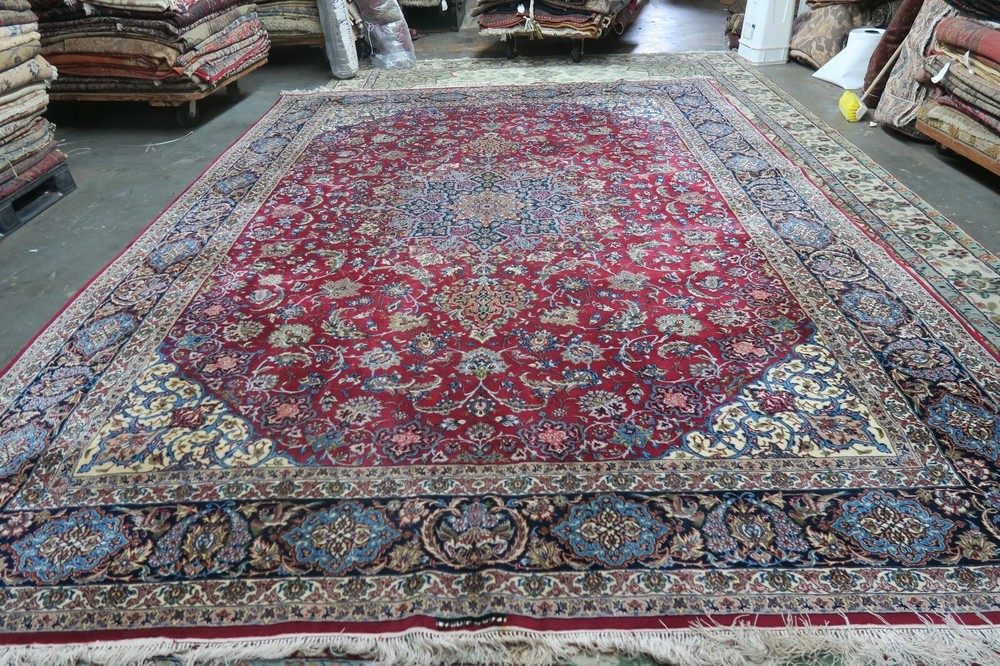 Vintage Hand Knotted Wool + Silk Foundation & Touch Signed Espahan Rug 10'x13'