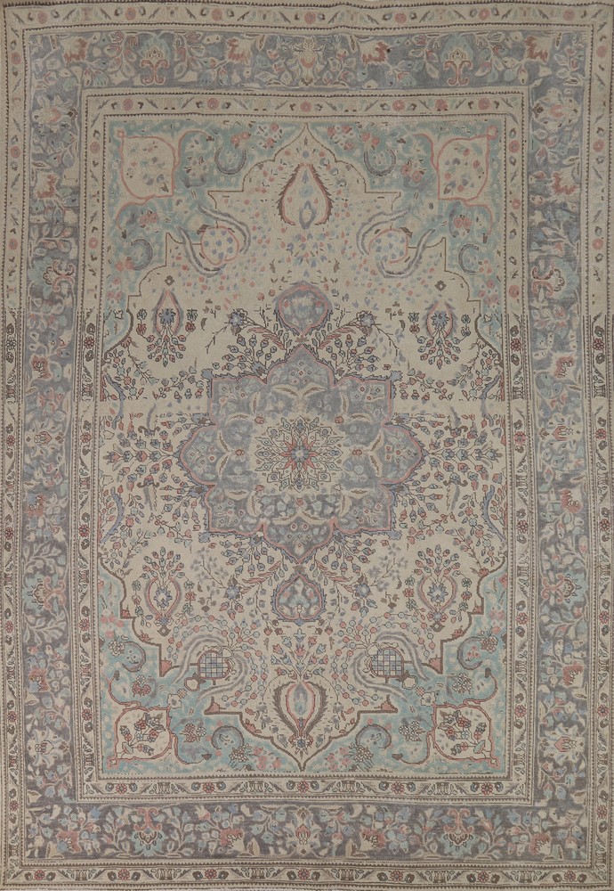 Vintage Beige/ Gray Wool Floral Tebriz Area Rug 8x11 Traditional Hand-made Rug