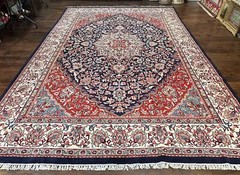 Indo Per’sian Rug 10×15 Floral Handmade Vintage Wool Carpet Dark Blue Ivory Red