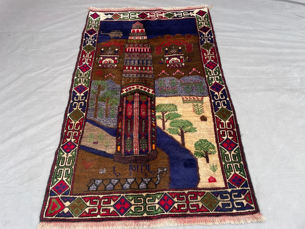2'11x4'9 ft Vintage Afghan Pictorial HandKnotted Wool Minaret Landscape Area Rug