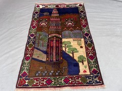 2’11×4’9 ft Vintage Afghan Pictorial HandKnotted Wool Minaret Landscape Area Rug