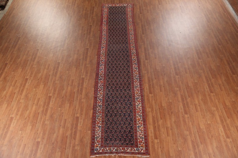 Pre-1900 Vegetable Dye Navy Blue Wool 16 ft Runner Hand-made Antique Rug 4x16 gallery
