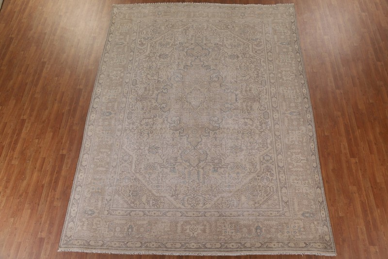 Distressed Traditional Area Rug 10x13 Ft Hand-Knotted Muted Beige Wool Carpet gallery