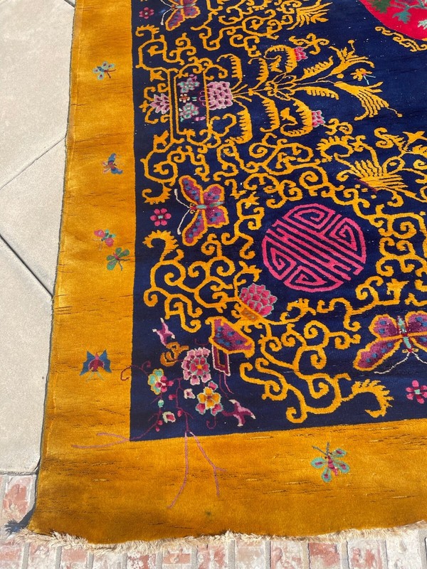 ANTIQUE CHINESE ART DECO RUG BLUE AND GOLD gallery