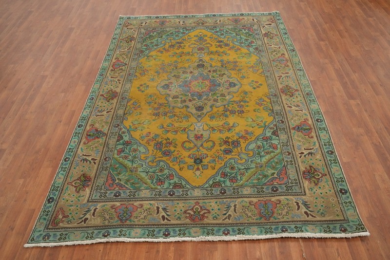 Traditional Wool Hand-knotted Room Size Rug Gold Over-Dyed Vintage Carpet 7x10 gallery