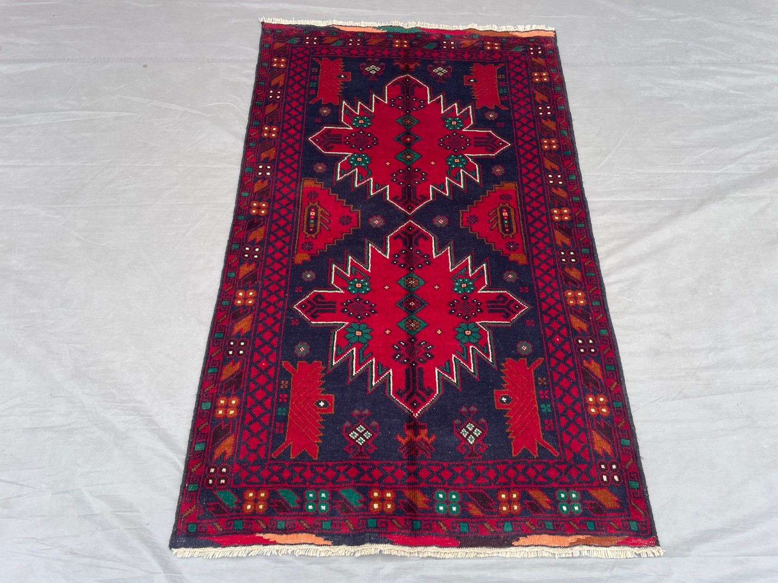 3'1x4'11 ft Vintage Afghan Baluchi Hand Knotted Wool Red Navy Star Medallion Rug gallery