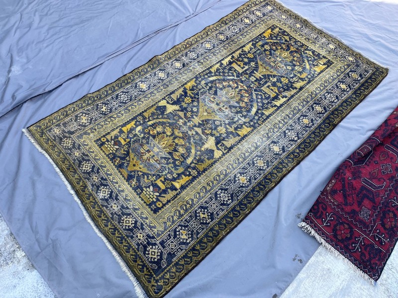 1920s Terracotta Antique Afghan Rug 4x7 Blue Faded Geometric Baluchi Area Carpet gallery