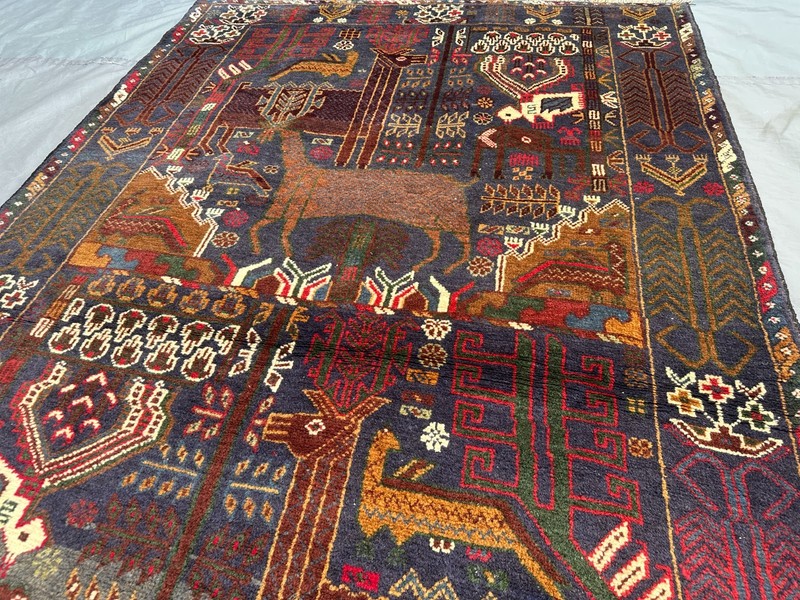 4x7 Vintage Baluchi Pictorial Animal Hunting Rug – Hand-Knotted, Tribal Rug gallery