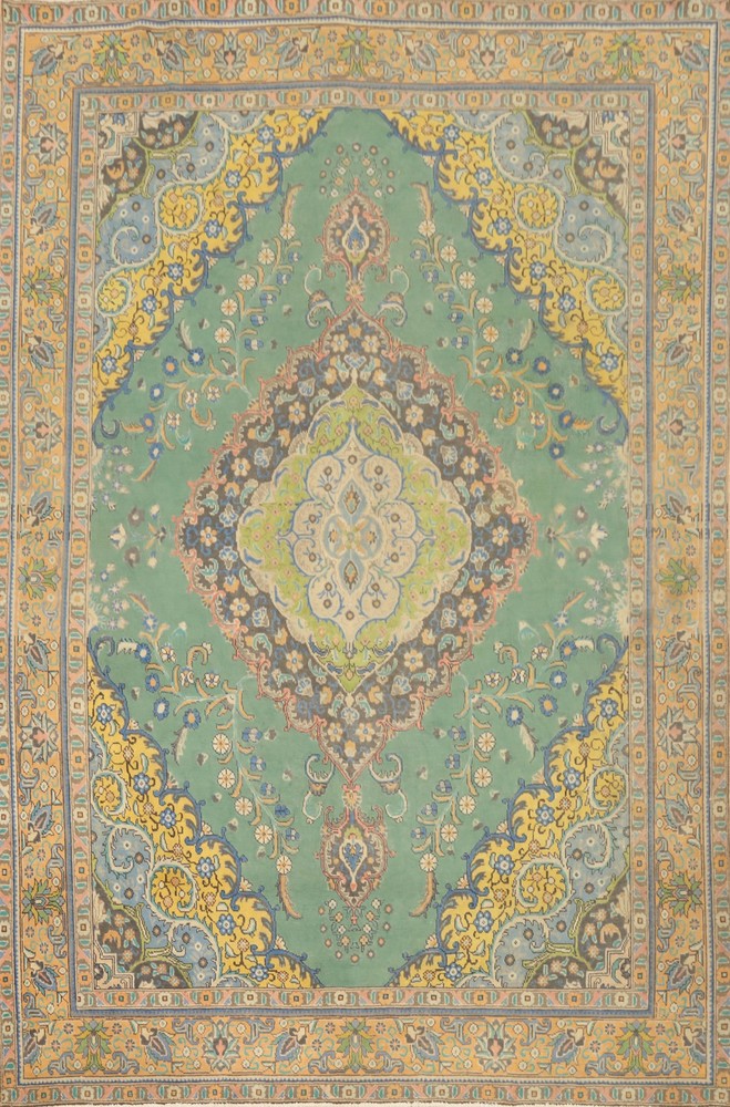 Vintage Green Large Area Rug 10x13 Traditional Handmade Wool for Living Room
