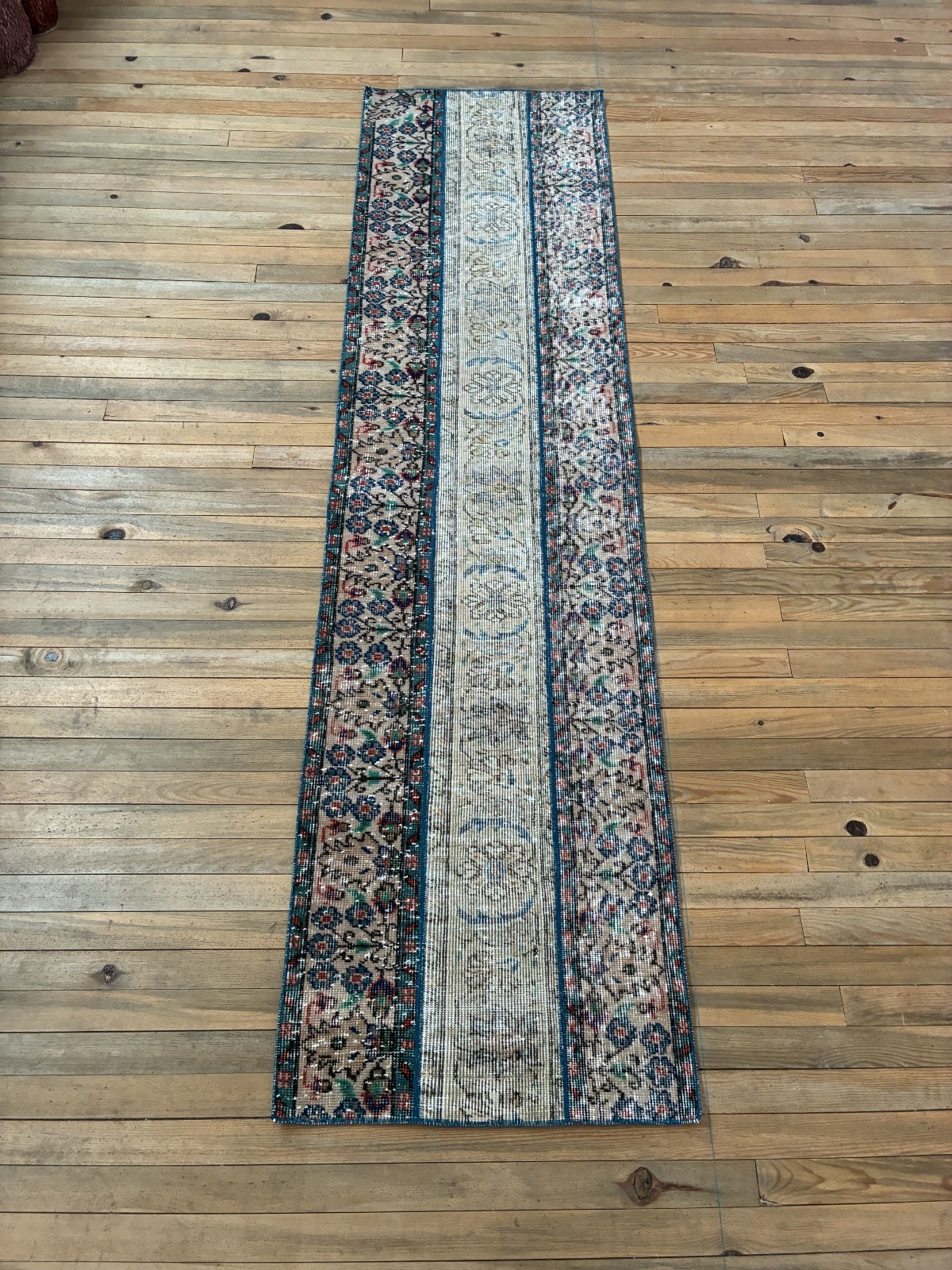 Vintage Turkish Patchwork Rug 2x8 Beige Cream Blue Wool Hand Knotted Runner gallery