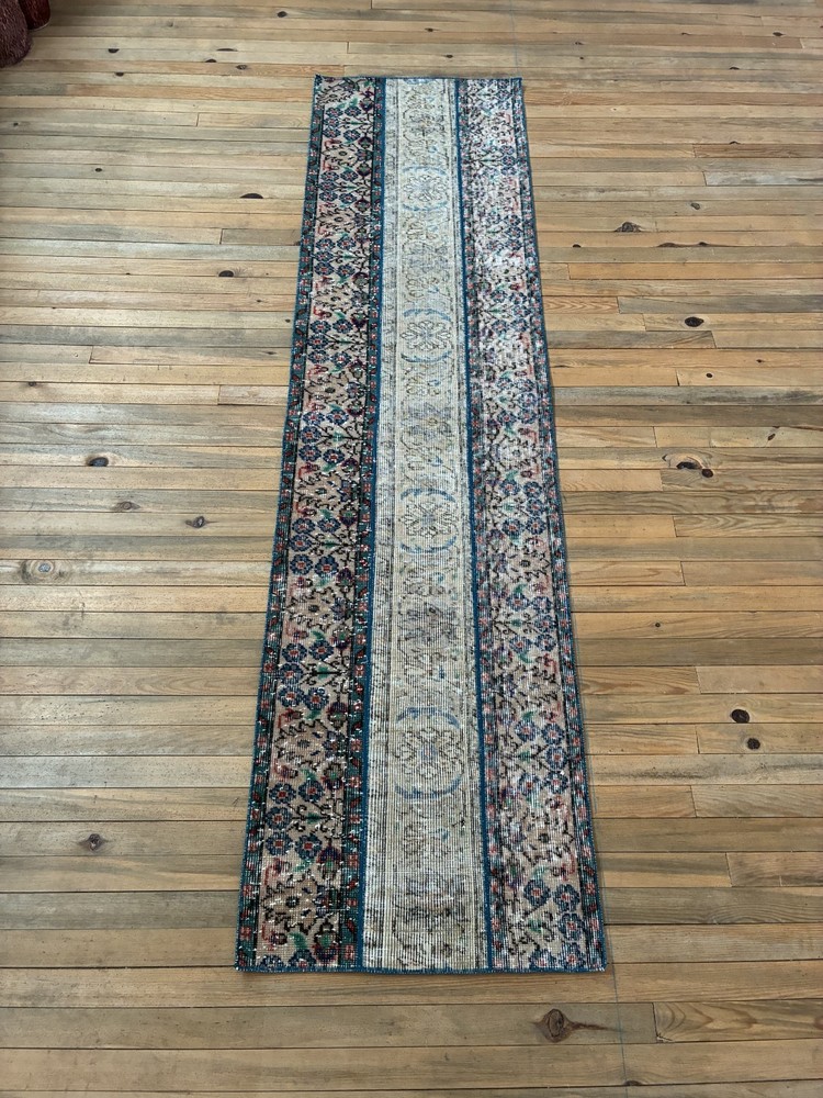 Vintage Turkish Patchwork Rug 2x8 Beige Cream Blue Wool Hand Knotted Runner