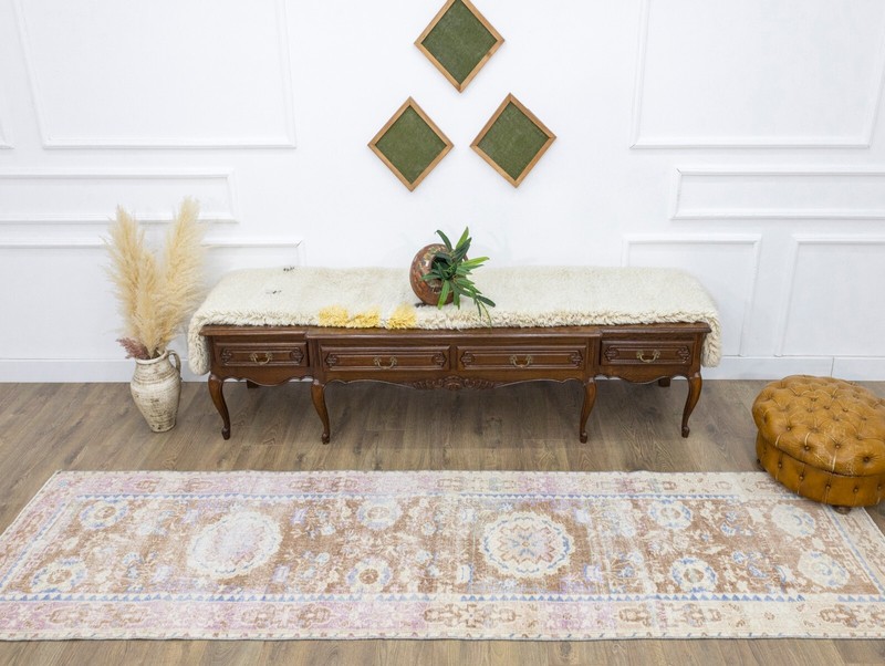 Long Narrow Oushak Runner 2'10x11'7 ft Brown Blue – Warm Neutral Home Decor gallery