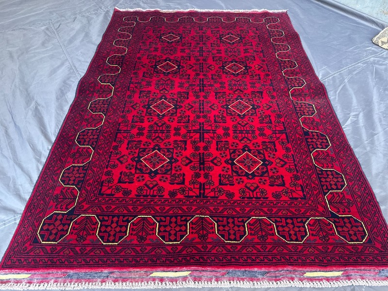 Hand Knotted Afghan Turkmen Rug Khal Mohammadi Red Geometric Room Rug 4'1 x 6'1 gallery