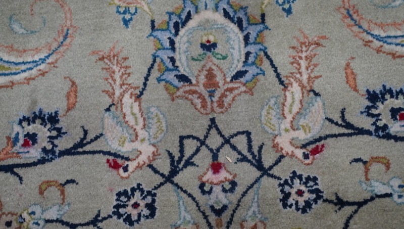 Antique Kashann Signed Birds Hand Knotted Pistachios Green Wool Rug 9'7" x 13'5" gallery