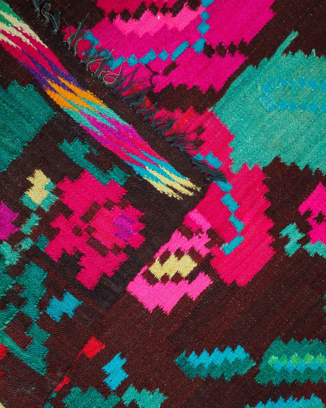 Bessarabian Kilim Rug 100% Wool Floral Roses Dark Brown Pink 1970s Romania 7x4ft gallery