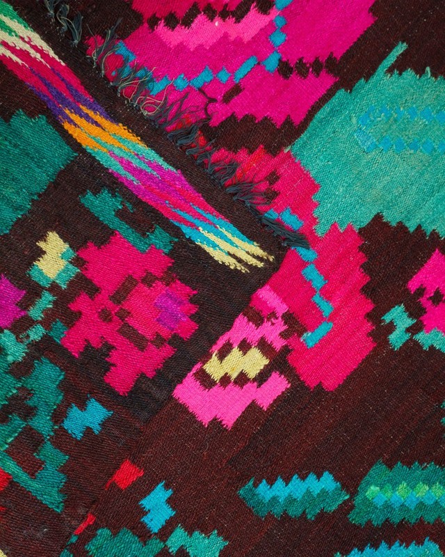 Bessarabian Kilim Rug 100% Wool Floral Roses Dark Brown Pink 1970s Romania 7x4ft gallery