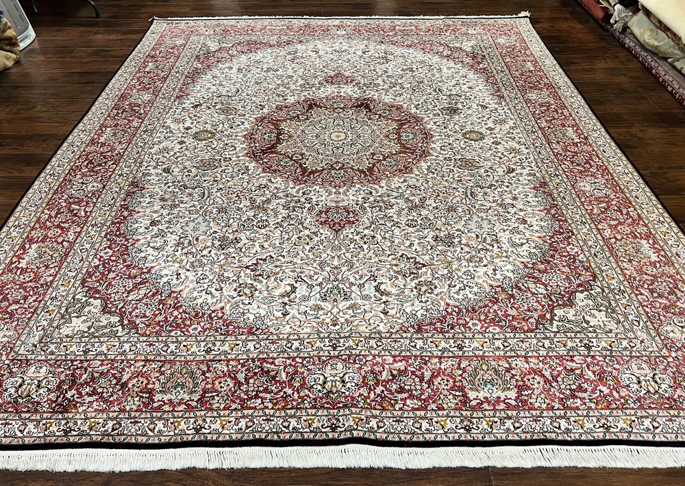 Silk Indian Kashmiri Rug 9x11 ft Large Vintage Indo Handmade Fine Oriental Rug