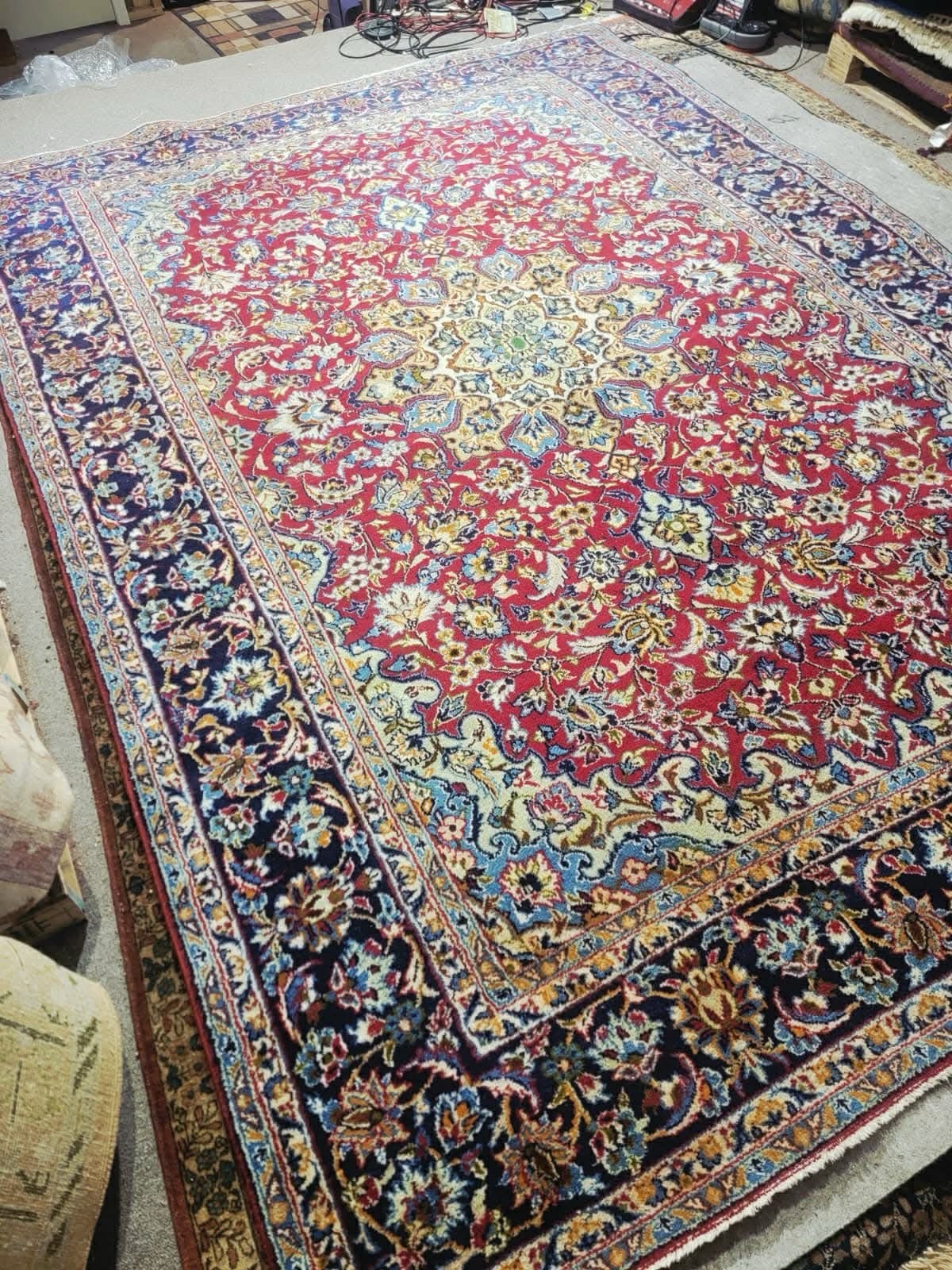 Vintage Hand-Knotted Wool Rug 8x11 – Elegant Oriental Red Field Blue Border gallery