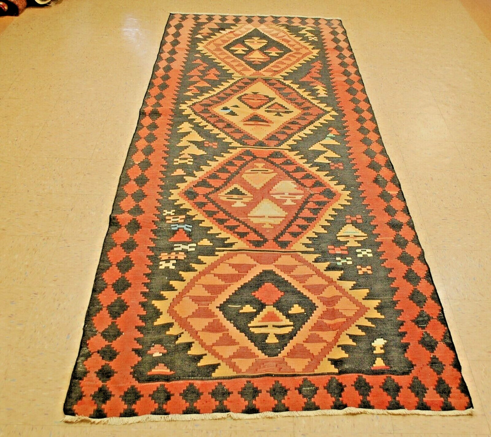 OLD,ANTIQUE VEGETABLE DYE CAUCASIAN SHIRVAN KILIM RUG 4.3x11.8 RARE SIZE