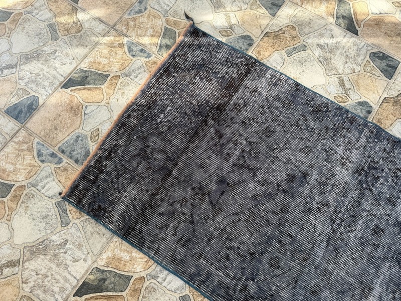 1970s Vintage Turkish Overdyed Runner Rug 2.3x9.8 ft Charcoal Gray Hand-Knotted gallery