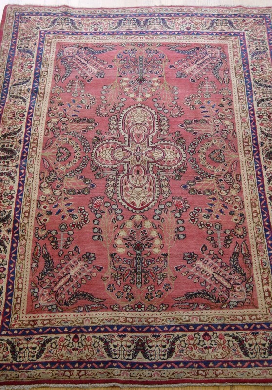 Antique 1880s Kermann Hand Knotted Wool 4'3" x 6'5" Pink Rose Oriental Rug gallery