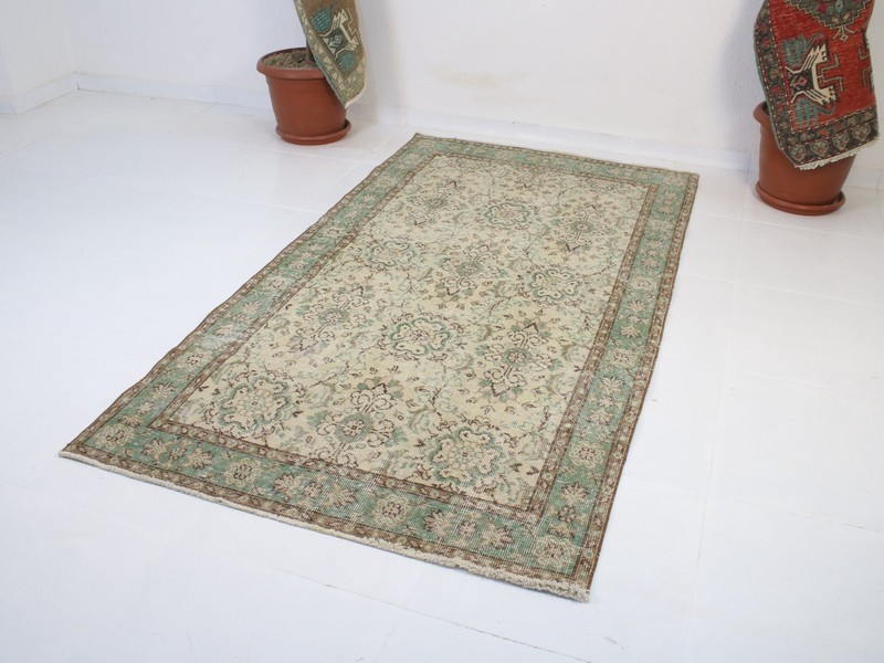 4x7 Turkish Handmade Area Rug Beige Green Floral 3.6x6.6 ft gallery