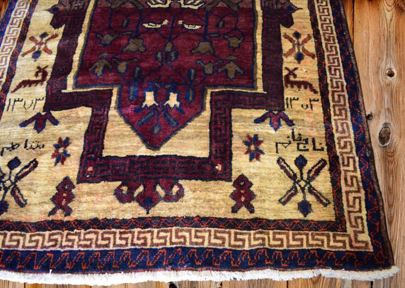 Rug. Handmade Wool Area Rug 5 x 7'5 Vintage Signed Dated Geometric Animal Design gallery