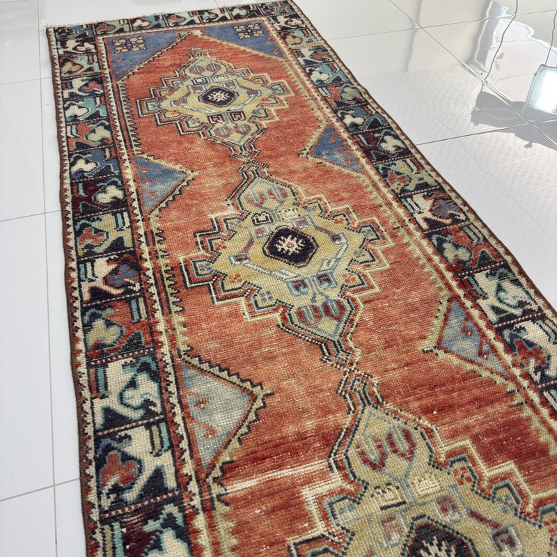 3x10 Blue And Terracotta Handwoven Antique Oriental Runner Rug- Tariff Free gallery