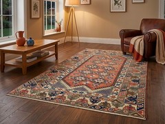 Vintage Turkish Oushak Rug Coral Navy Wool – Southwestern Decor 5.3×8.2 ft