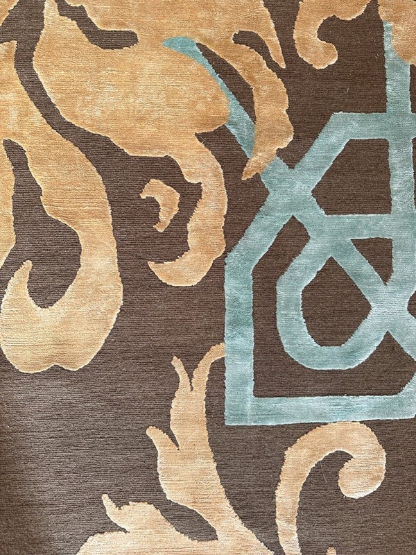Unique Floral and Geometric Modern Brown, Golden and Turquoise Wool and Silk Rug gallery