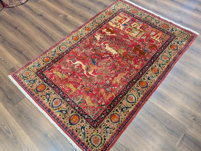 Indian Rug 4x6, Fine 380 KPSI, Hunting Scene, Animal Pictorials, Rare gallery