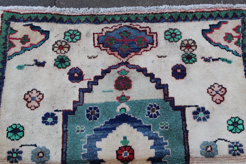 Vintage Hand Made Traditional Rug Oriental Cotton White Green Small Rug 98x94cm gallery