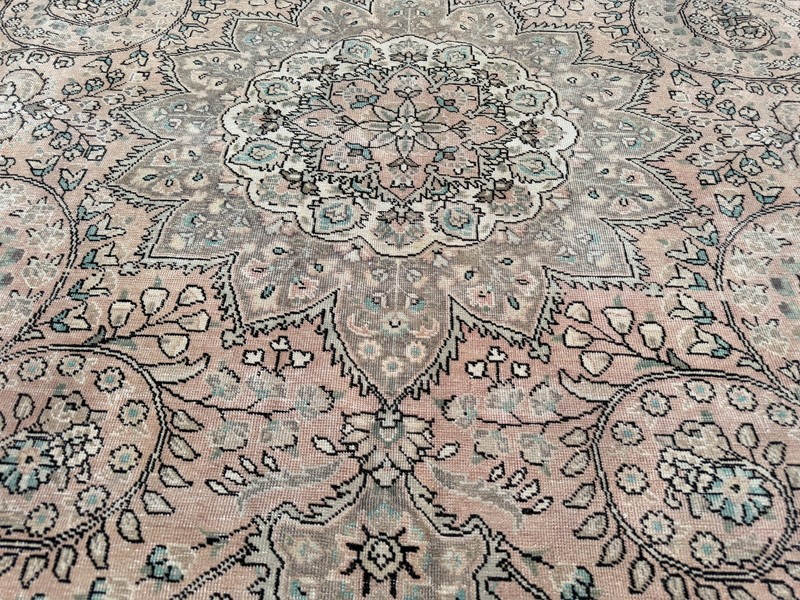 Vintage Turkish Rug 9.8x12.8 ft Beige Blush Pink Wool Handmade Distressed Rug gallery