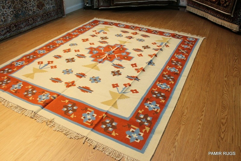 SOUTHWESTERN STYLE Handmade Wool rug 8x10 ft. BLUE BEIGE Orange Navajo Design gallery