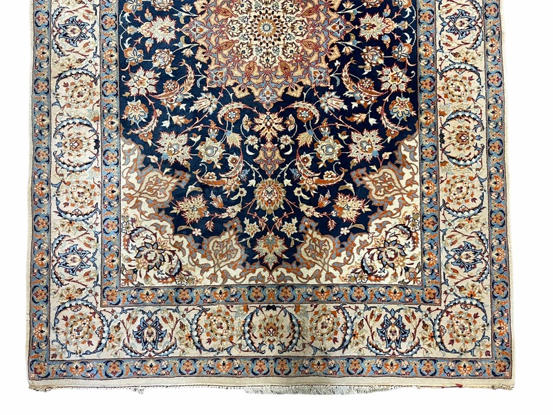 4x5 Ultra Fine Rug Handmade Rug Medallion Rug Floral Rug Beige Dark Blue Rug gallery